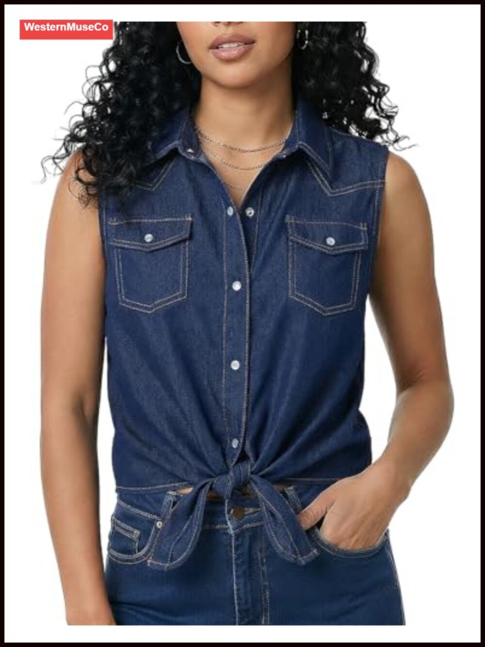 Women's Sleeveless Denim Crop Top Pearl Snap Western Cowgirl Shirt
